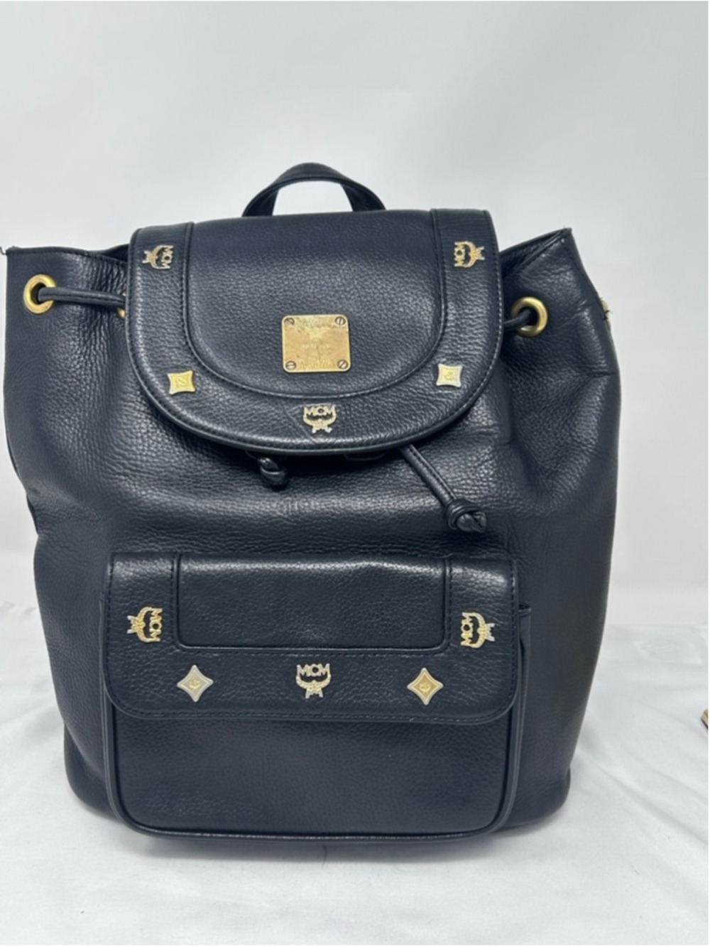 Vintage MCM Black Pebbled Leather Backpack Gold Hardware Drawstring